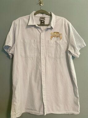 Broken Promises Light Blue Devil Couple Pinstripe Short-Sleeve Button Shirt Sz L